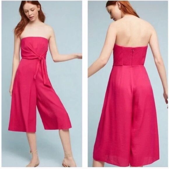ANTHROPOLOGIE Maeve Hot Pink Strapless Wide Leg Cullotes Jumpsuit Romper - Picture 1 of 14